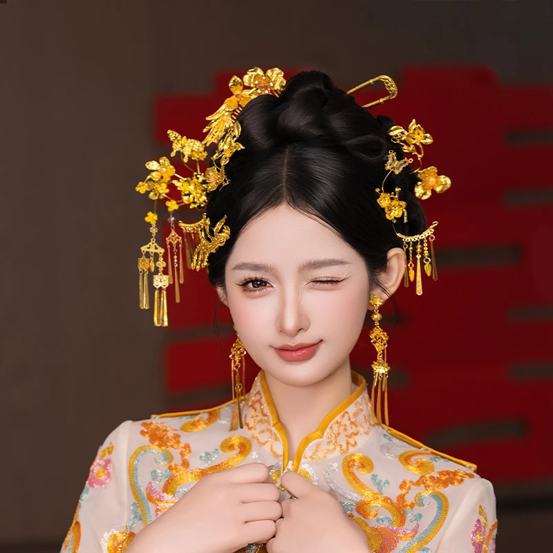 合金婚庆饰品 新娘古风金色减龄显脸小中式秀禾龙凤褂头饰MT0251