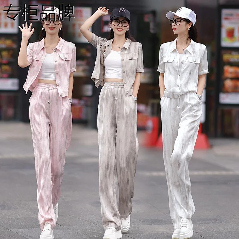 意尔 康时尚翻领短袖阔腿裤两件套女夏季薄款2025新款休闲洋气质