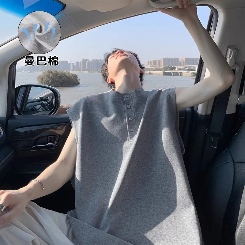 美式复古亨利领坎肩背心男夏季潮牌薄款透气凉感宽松休闲无袖上衣