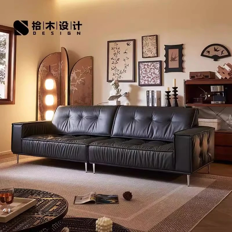 中古风沙发法式复古2024新款云朵真皮直排吐司黑色小沙发客厅