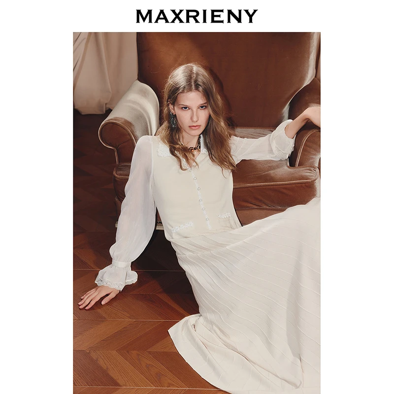 MAXRIENY复古法式连衣裙修身收腰25冬款针织裙奶油系复古少女穿搭