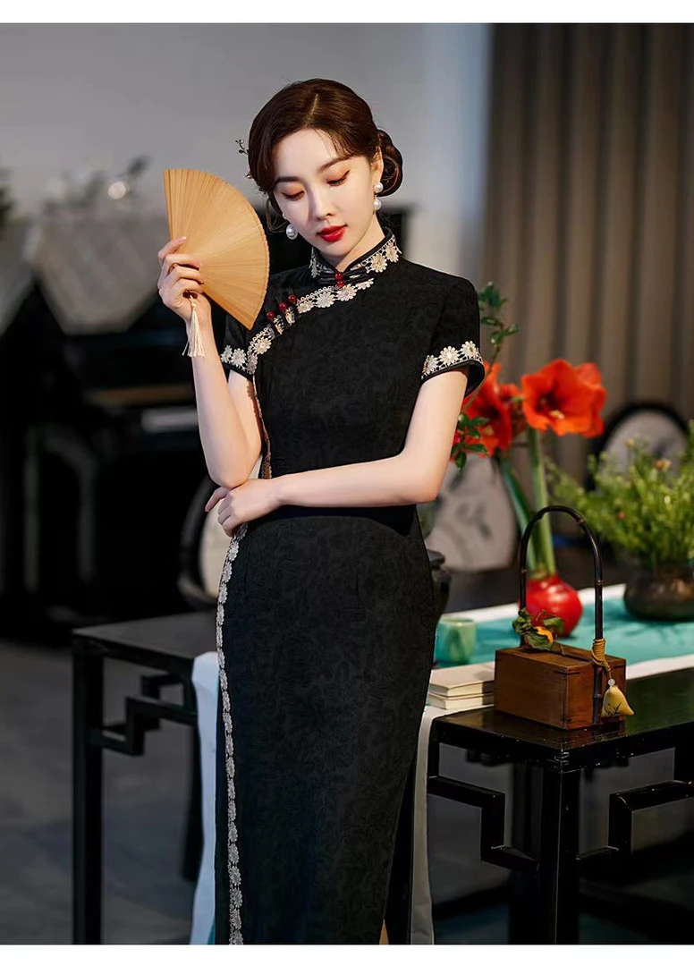 归鸟 提花蕾丝包边长款旗袍M-4XL安诗歌