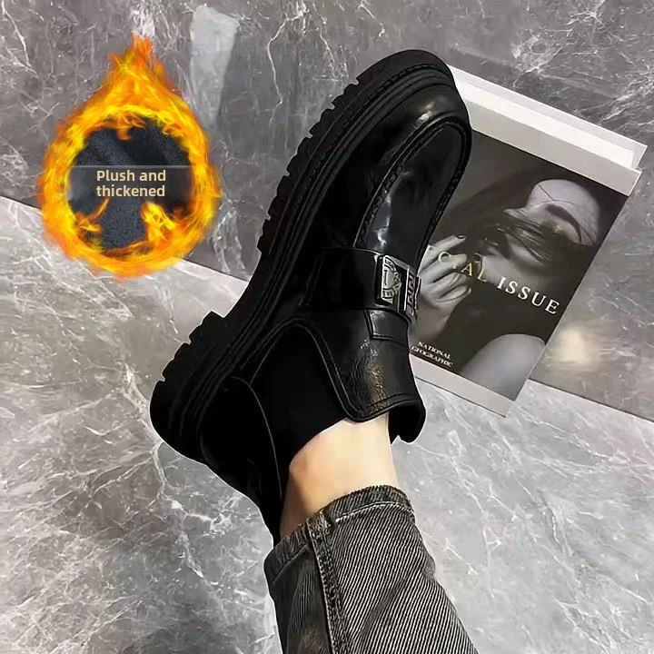 高档皮鞋男秋冬季新款潮流加绒保暖纯皮男鞋一脚蹬中帮粗跟增高鞋