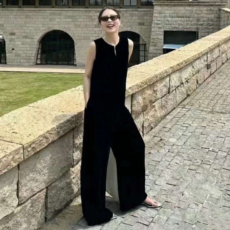 设计师品牌正品高级感真丝丝绒背心连体裤 纯欲风性感显瘦阔腿裤