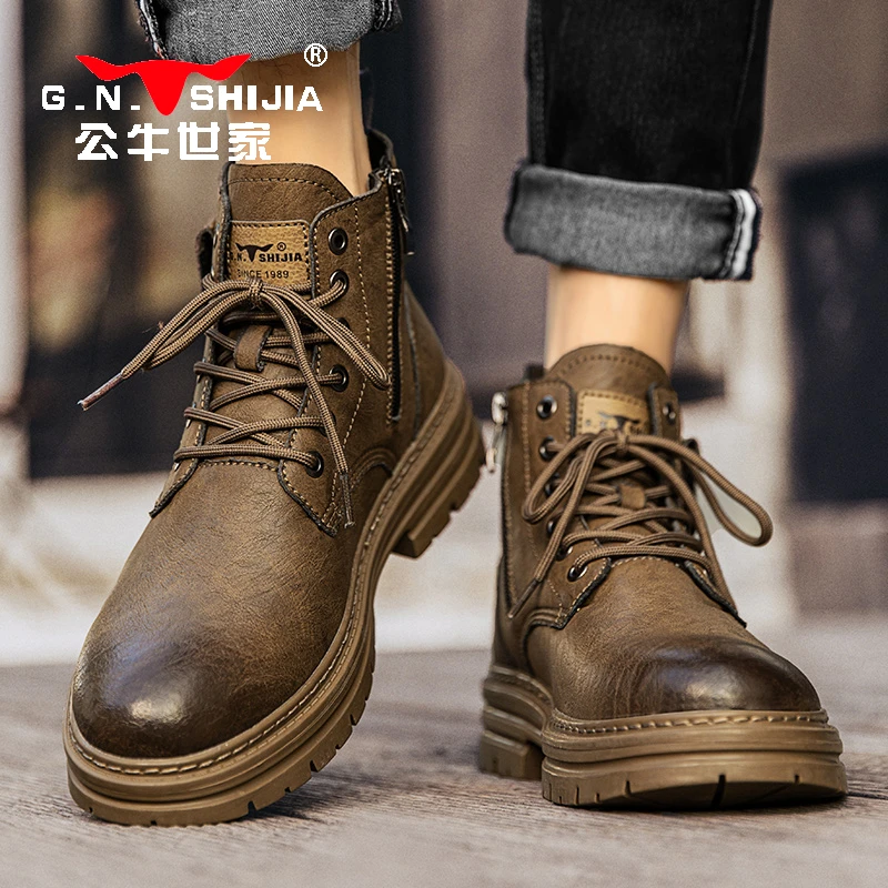 公牛世家男鞋2025新款皮鞋男士马丁靴休闲加绒鞋子男款潮流时尚