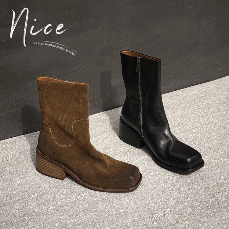 2025年秋季方头拉链粗跟女侧拉链短靴粗跟靴厚底骑士烟筒靴靴子