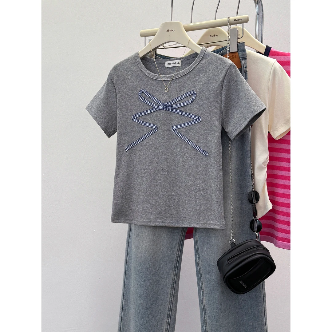 2024新款织带蝴蝶结短袖T恤女夏季正肩圆领时尚洋气气质短款上衣