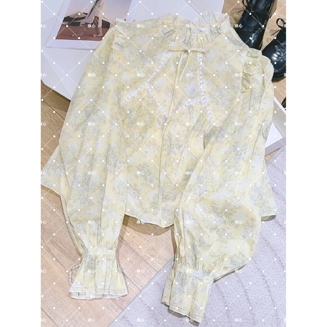 | 春季新款时尚法式泡泡袖黄色碎花长袖衬衣 1207