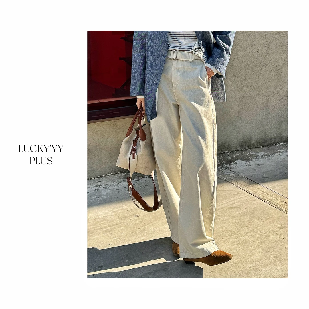 LUCKYYY 高品酵素环保水洗配腰带宽松显瘦廓形弯刀牛仔裤 B1122
