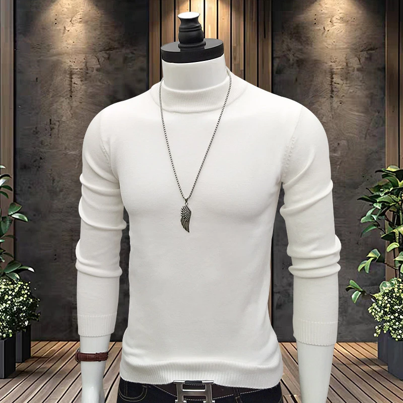 半高领男士保暖商务套头毛衣针织衫百搭上衣秋冬修身时尚白色打底