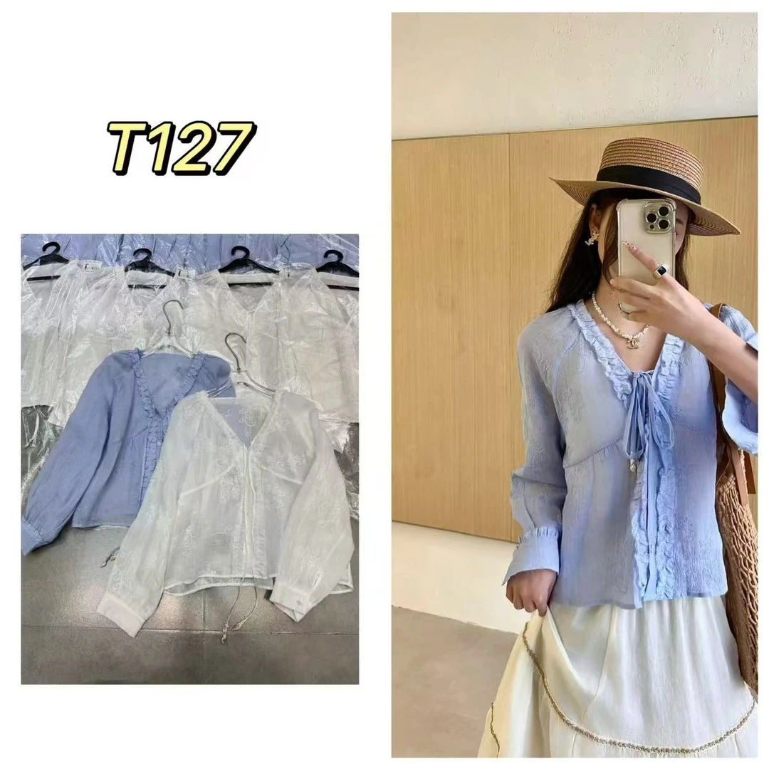 【BAI】法式V领系带木耳边长袖衬衫女设计感127