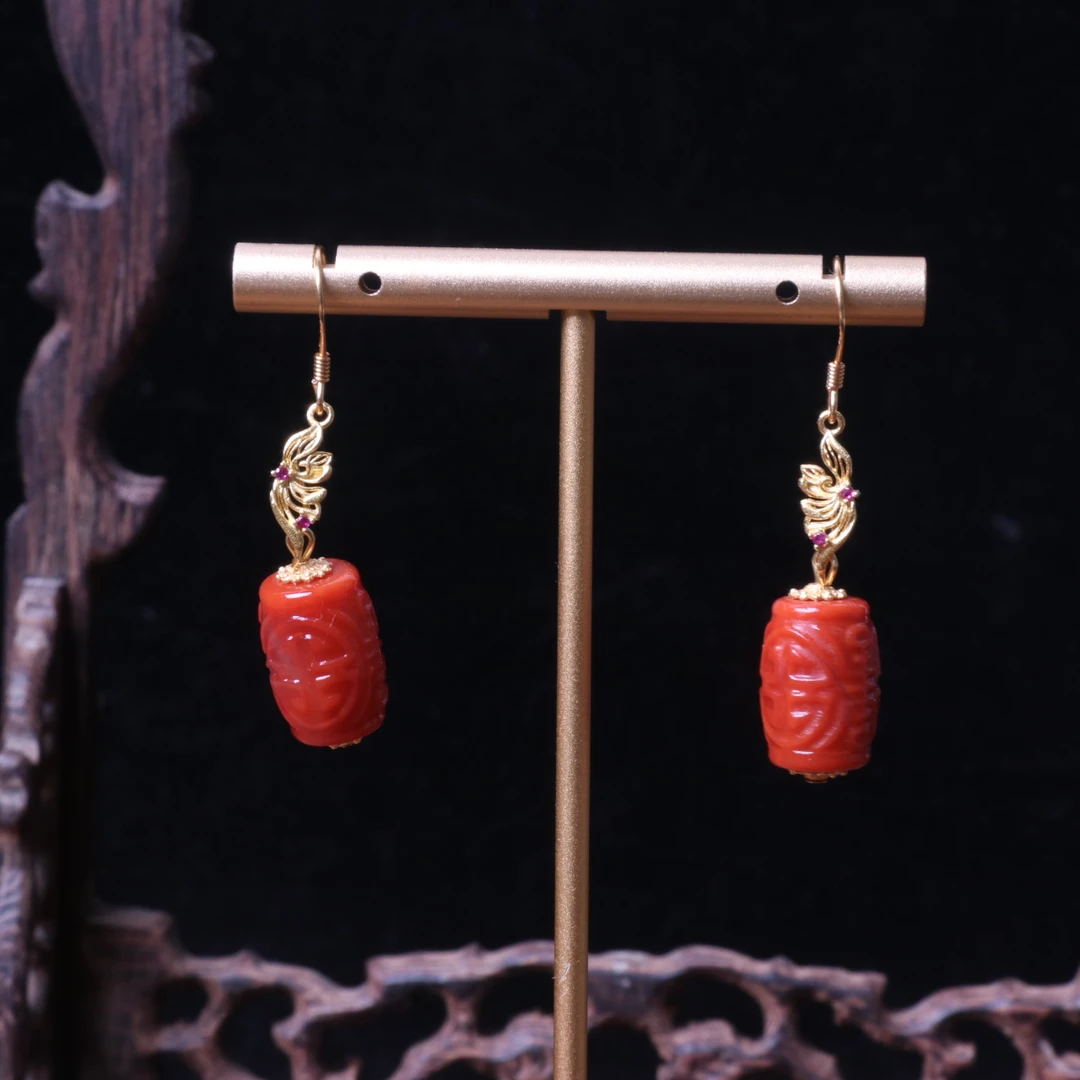 【石语珠宝】精美南红玛瑙10mm左右福寿双喜桶珠耳饰D989