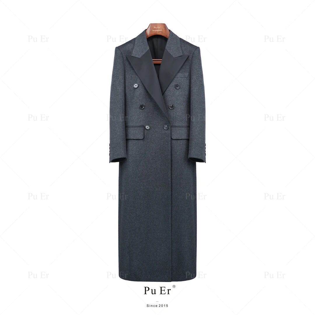 璞迩进口黑灰羊绒礼服正肩大衣