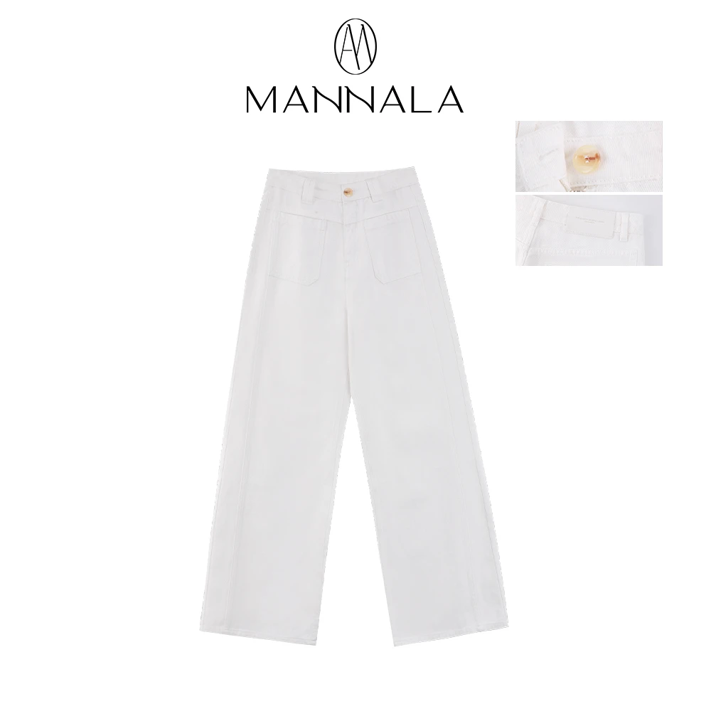 MANNALA丨“斜纹白牛”全棉时髦休闲优雅阔腿直通白色牛仔裤Q9230