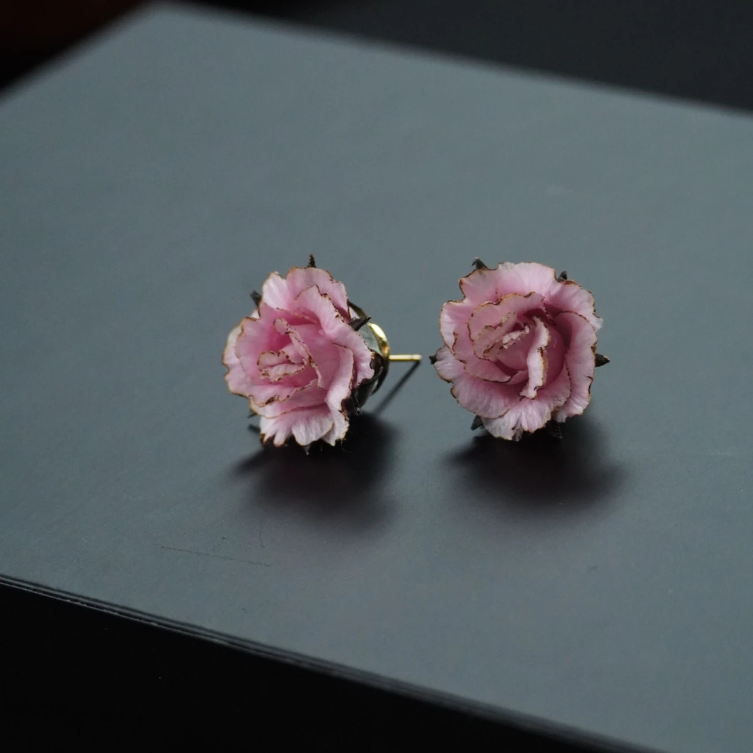 粉色烧边玫瑰耳钉 非遗绒花南京绒花古典中国风古风复古时尚气质