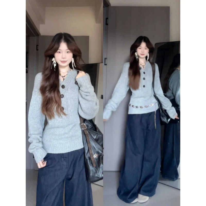 早秋韩系一整套ootd穿搭套装女长袖v领针织毛衣高腰阔腿裤两件套