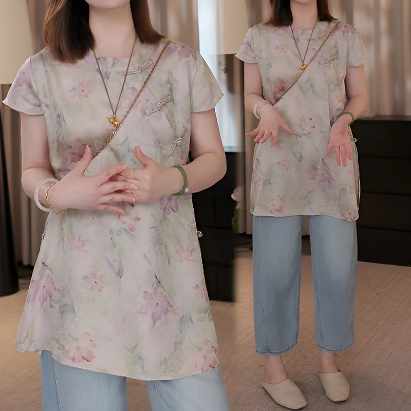 新中式国风女装2025新款气质小衫印花短袖衬衫盘扣圆领别致上衣夏