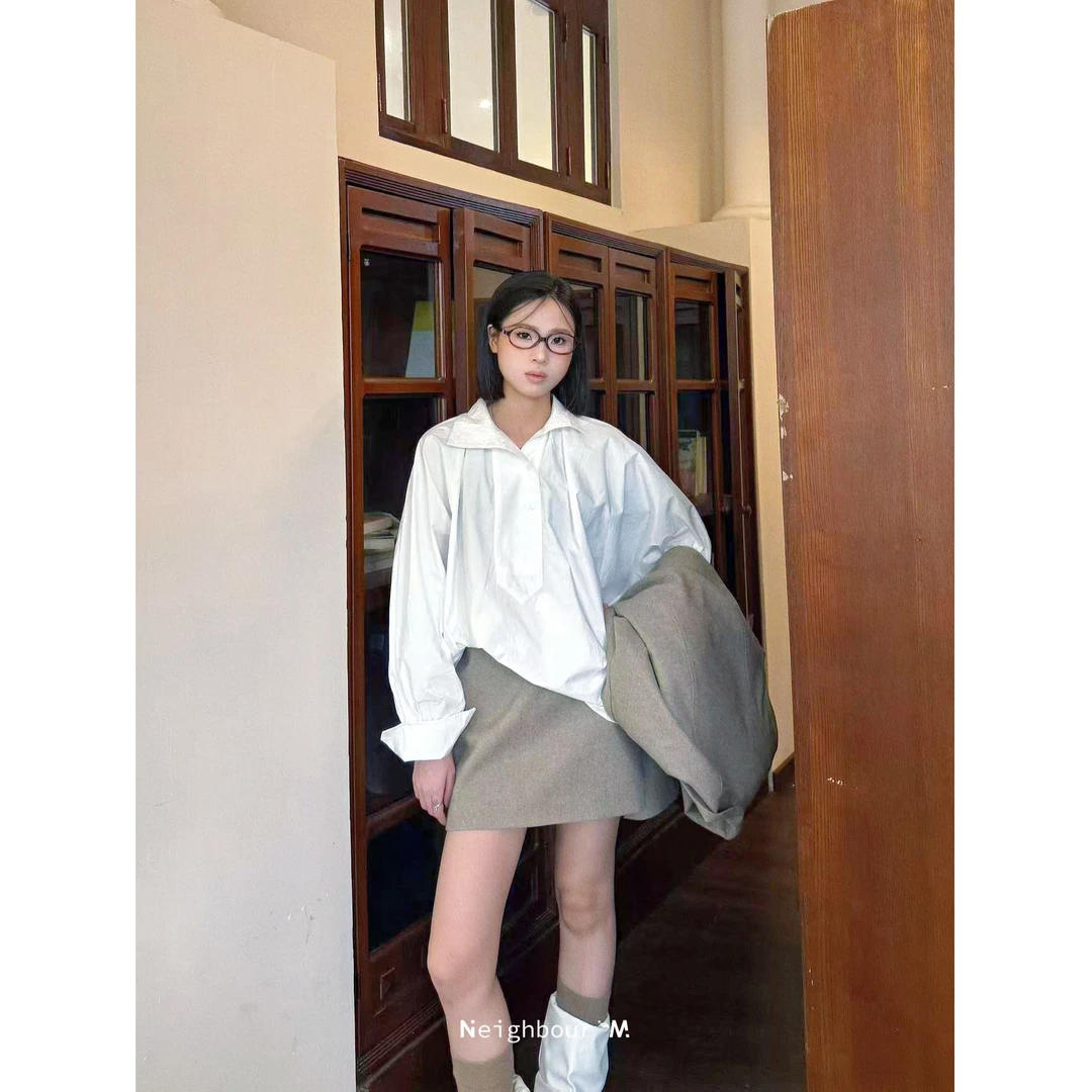 2025法式极简立领方领不起球长袖秋季通勤衬衫白色纯色通勤高智