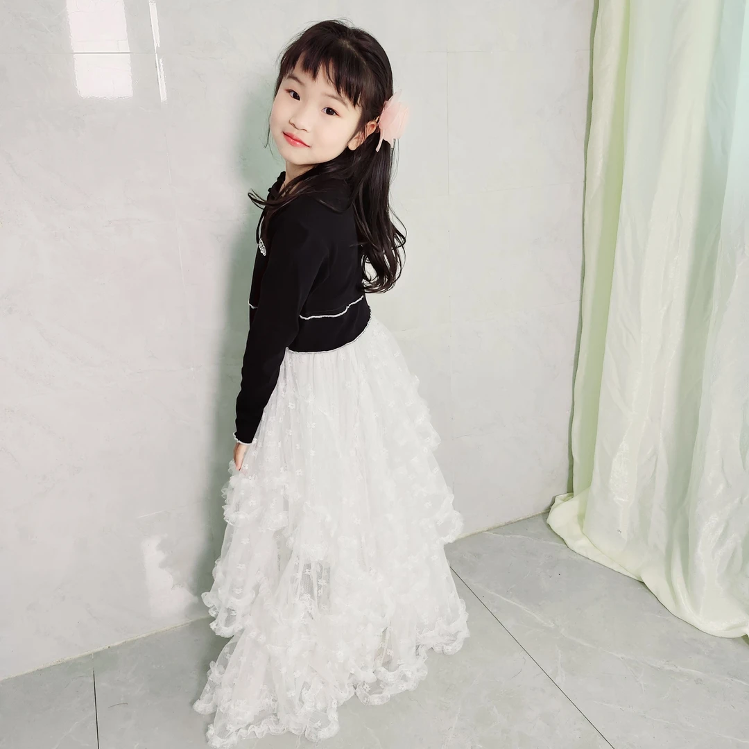 女童不规则蓬蓬半裙2025春款儿童拼接蛋糕长裙白色蕾丝网纱公主裙