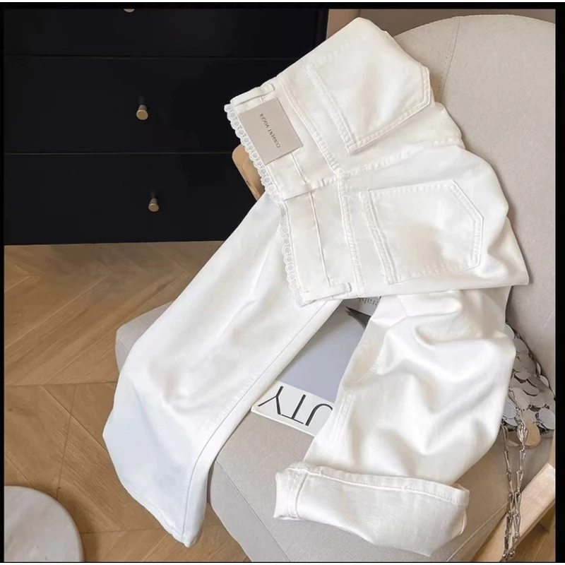 【正版原创】白色牛仔裤小设计窄版高腰直筒阔腿时尚百搭花边高腰