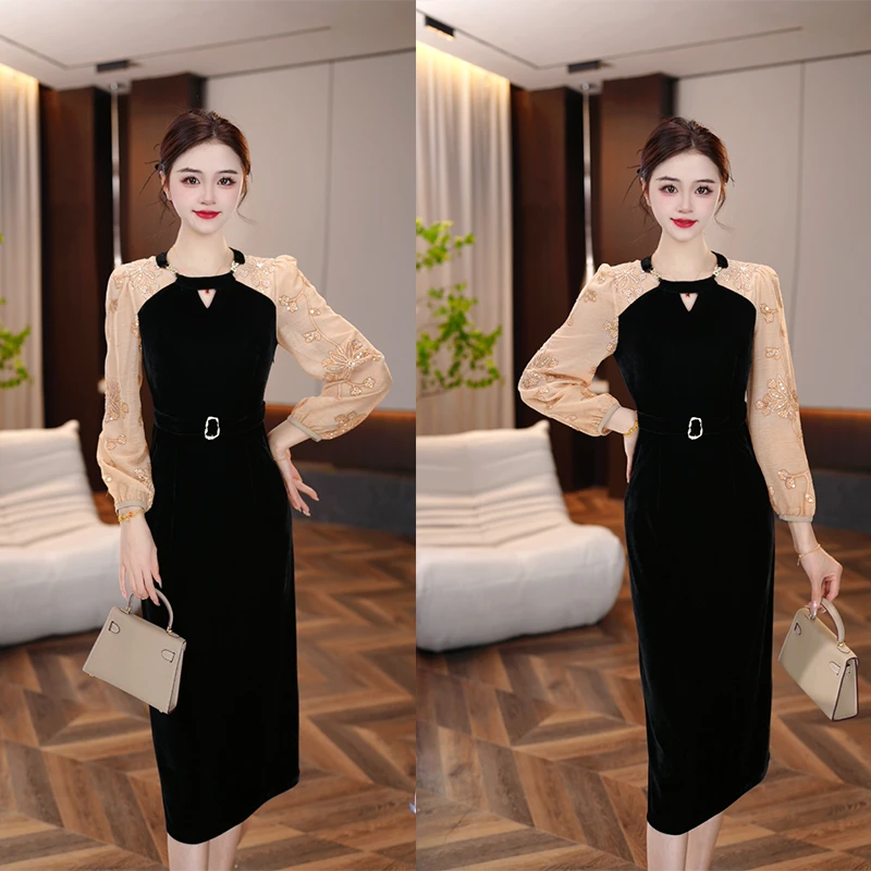 2025年红人上新温柔贤惠假两件连衣裙早春收腰轻奢长袖打底裙