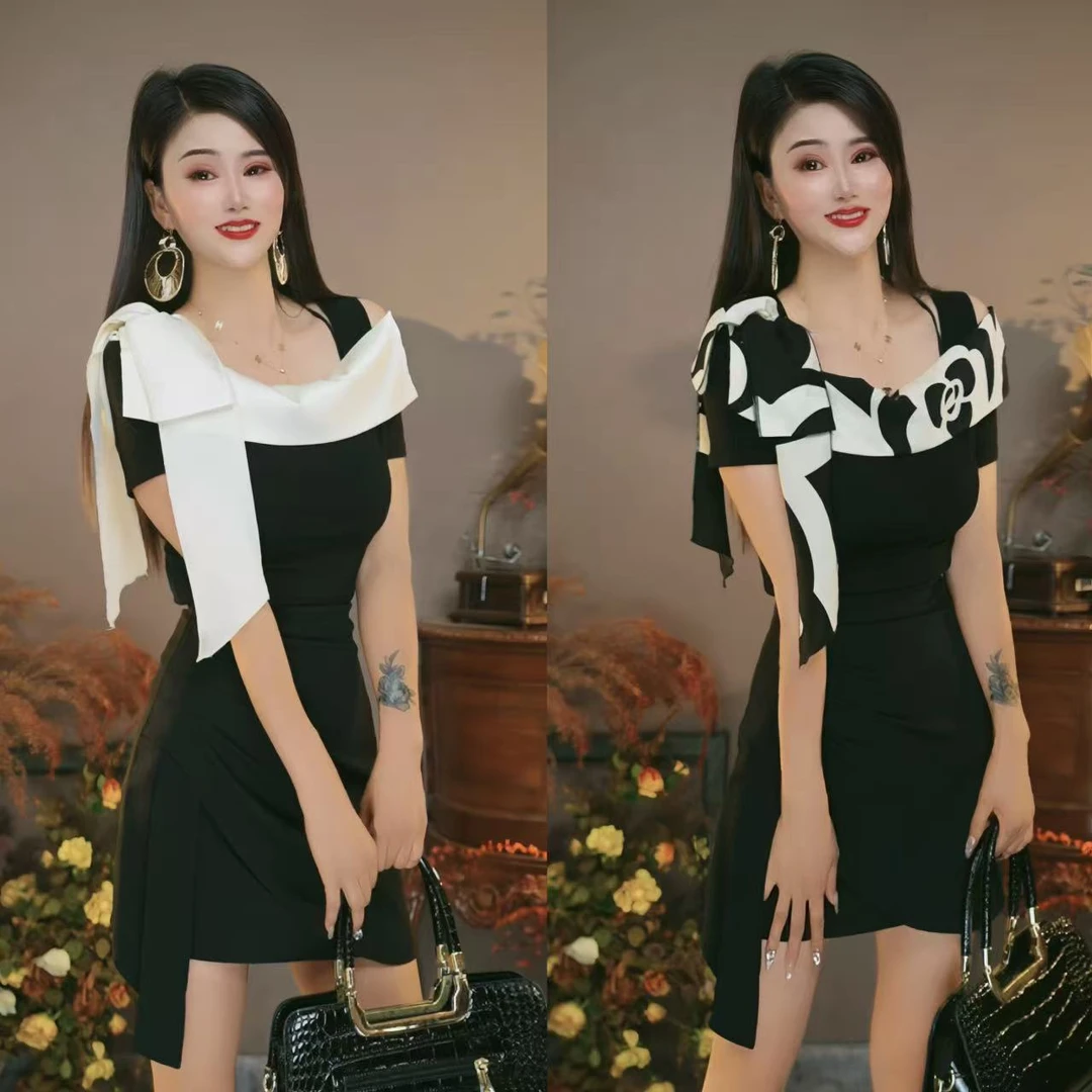 荷依1280夏季拼色缎面时尚气质方领漏肩短袖T恤法式小香风名媛款