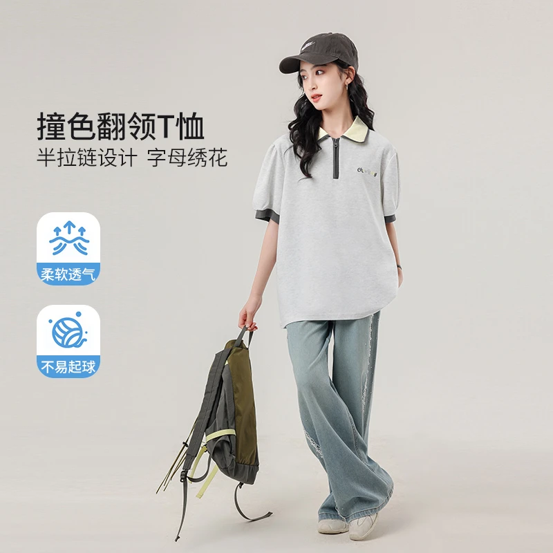 女童撞色绣花polo领短袖25198