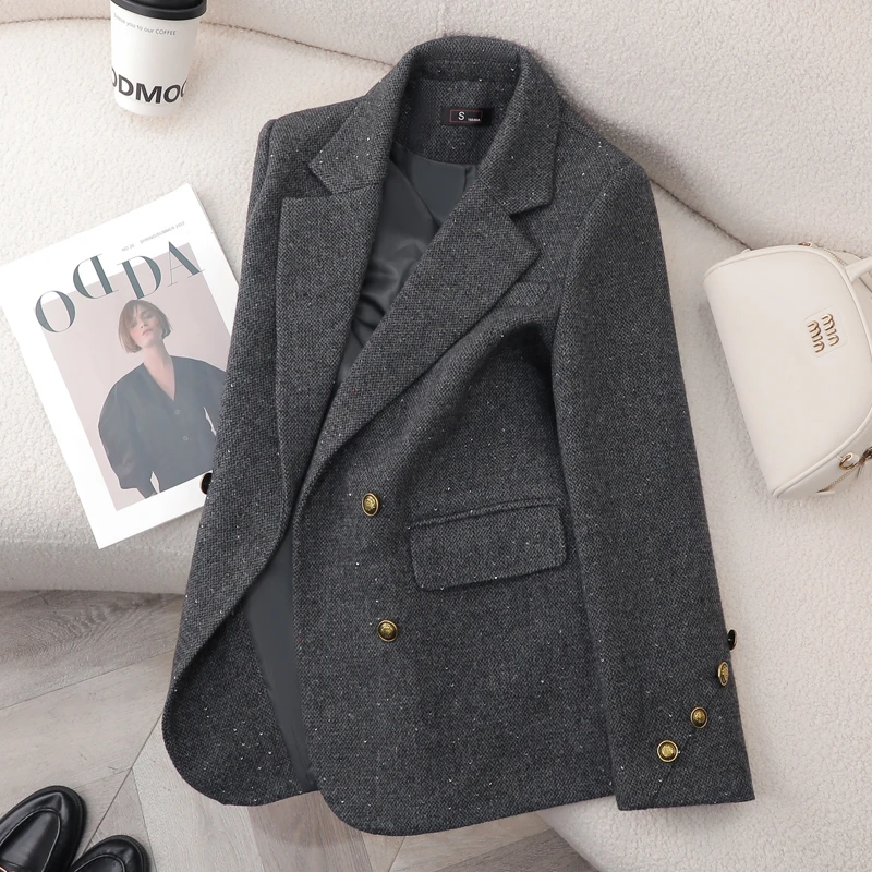 灰色羊毛西装外套女高级感秋冬2025新款小个子毛呢子西服冬季加厚