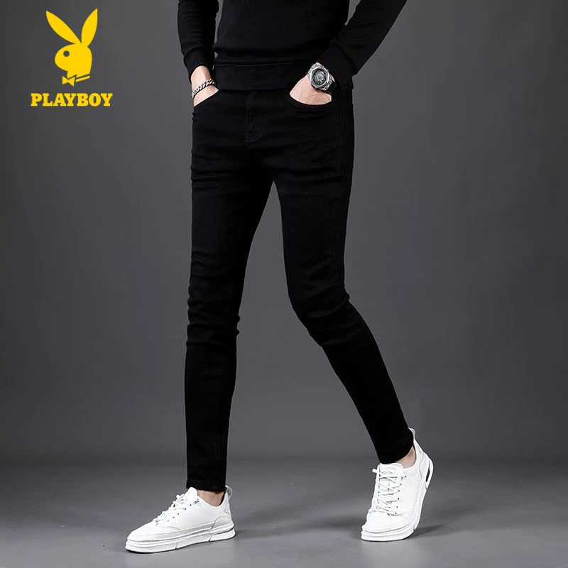 花花公子秋冬款纯黑色男士九分牛仔裤潮流韩版弹力显瘦修身小脚