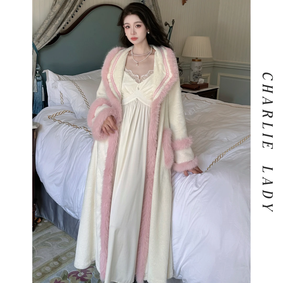 查理夫人【巴赫乐章】秋冬新款翻领保暖高级气质显瘦高级睡袍