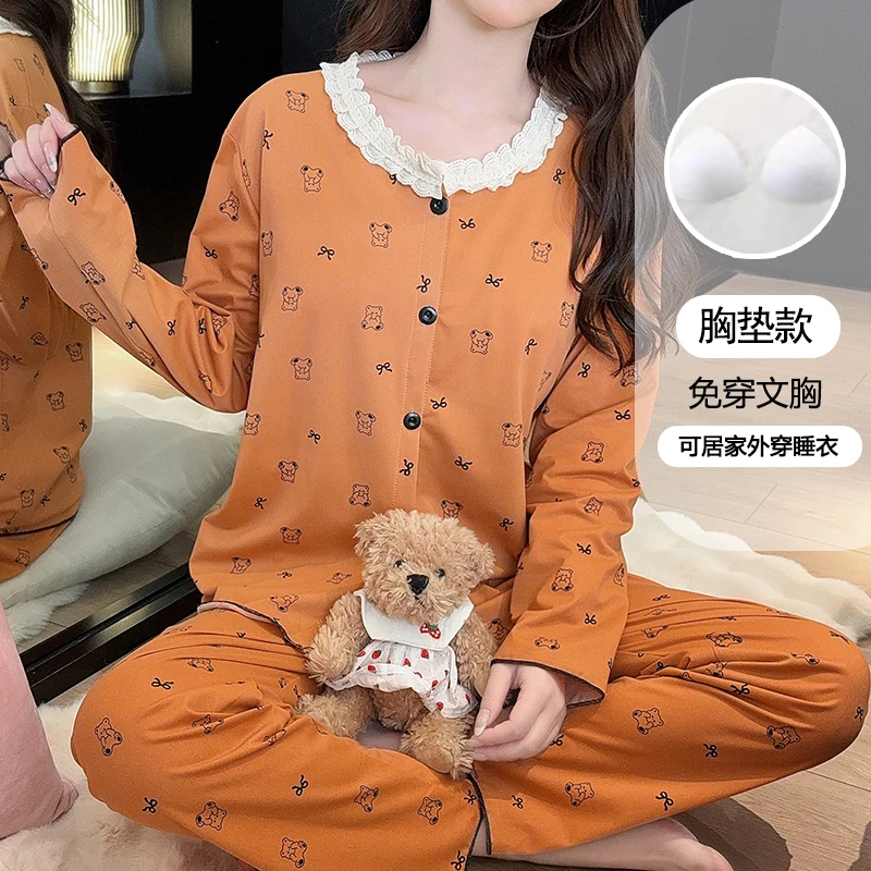 睡衣女款春秋季卡通花边带胸垫一体长袖长裤可爱甜美套装1034