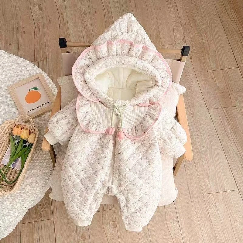 婴幼儿冬季加绒加厚郁金香花朵连帽女宝宝洋气连体衣