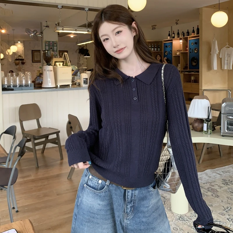 复古老钱风polo翻领长袖针织衫女韩系慵懒风早秋穿搭修身显瘦上衣