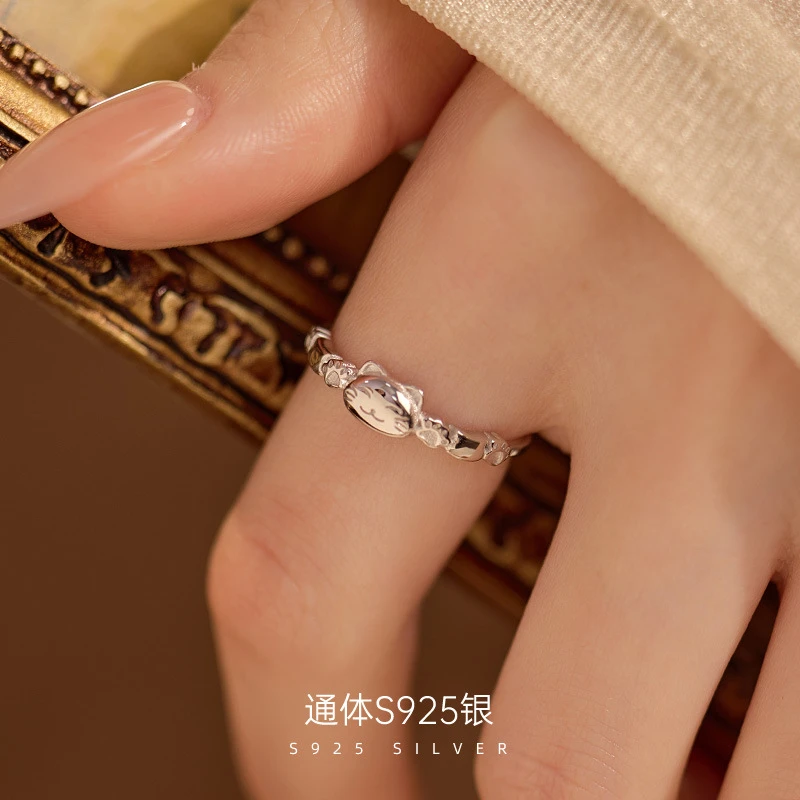 925银戒指 925银爆款招财猫时尚戒指个性小众可调节指环2025新款