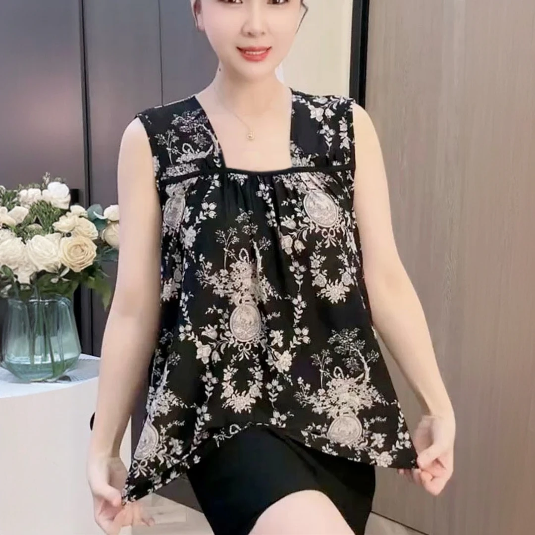 新款女装短袖百搭宽松印花无袖上衣