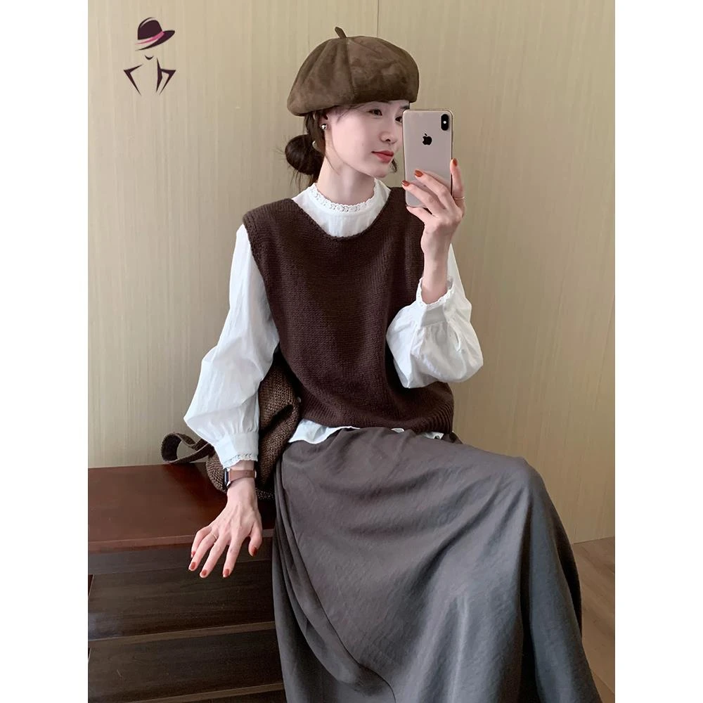 异径时尚叠穿秋款百搭针织马甲新款气质休闲无袖上衣衬衫中长款裙