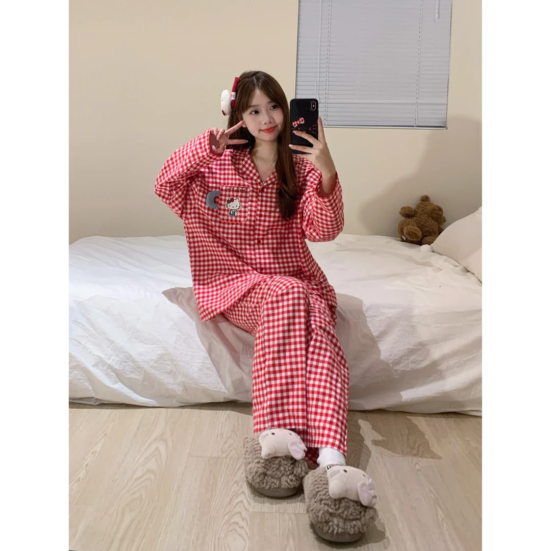 【粉红格纹凯蒂猫】甜美睡衣女春秋新款2025年格子开衫家居服套装