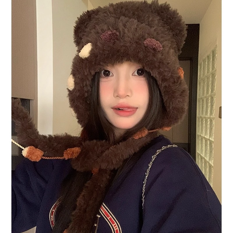 可爱加厚毛绒小熊耳朵毛线帽子女款秋冬季围巾一体保暖毛茸茸冬天