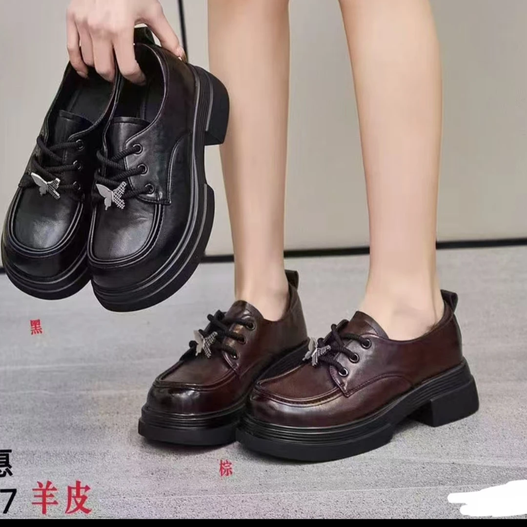 2025年春款英伦风黑色棕色松糕厚底复古百搭爆款系带小皮鞋女款