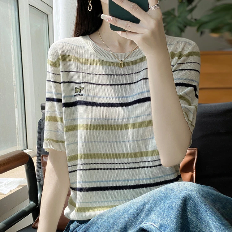 鄂尔多斯市刺绣短袖简约条纹显瘦T恤夏季圆领女士桑蚕丝薄款宽松