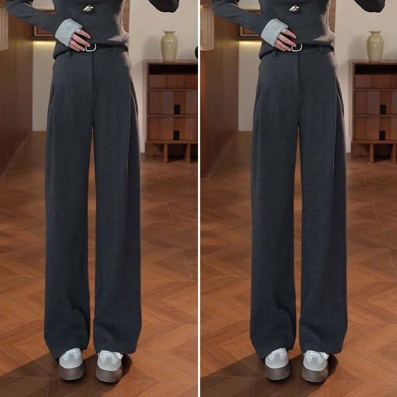 2025秋冬新款毛呢阔腿裤女简约时尚高腰显瘦休闲裤立体裁剪西裤子