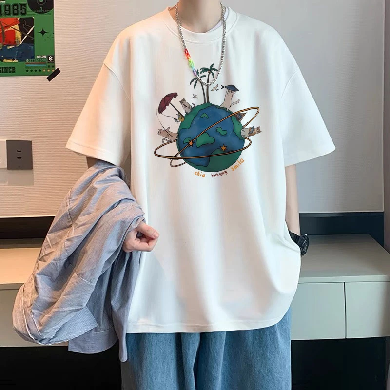 欧美风潮牌纯棉短袖男t恤宽松大码美式休闲男女印花半袖上衣学生