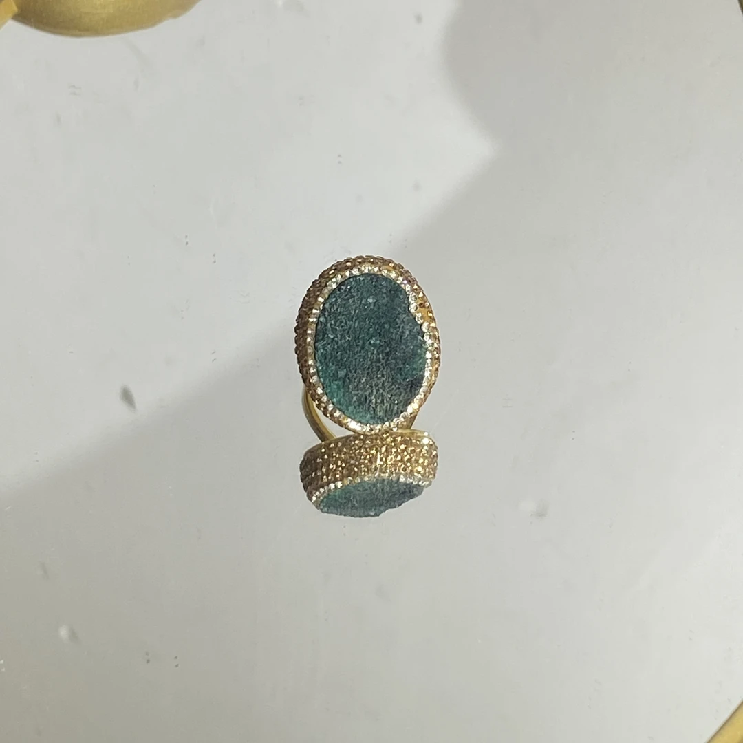 铜合金合成锆石戒指 TTSD 绿色椭圆复古百搭款戒指 1496