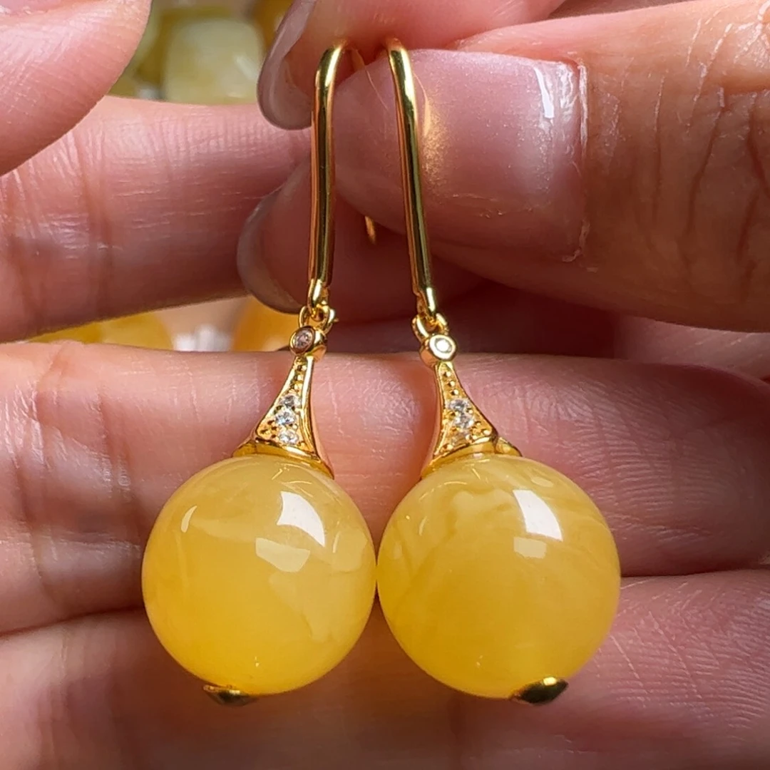 蜜蜡耳环银S925镀金镶嵌无优化