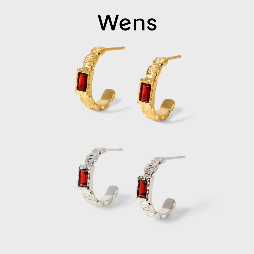 Wens/吻斯 铜合金耳饰 Edge 镶石方格耳圈耳环简约百搭时尚设计感