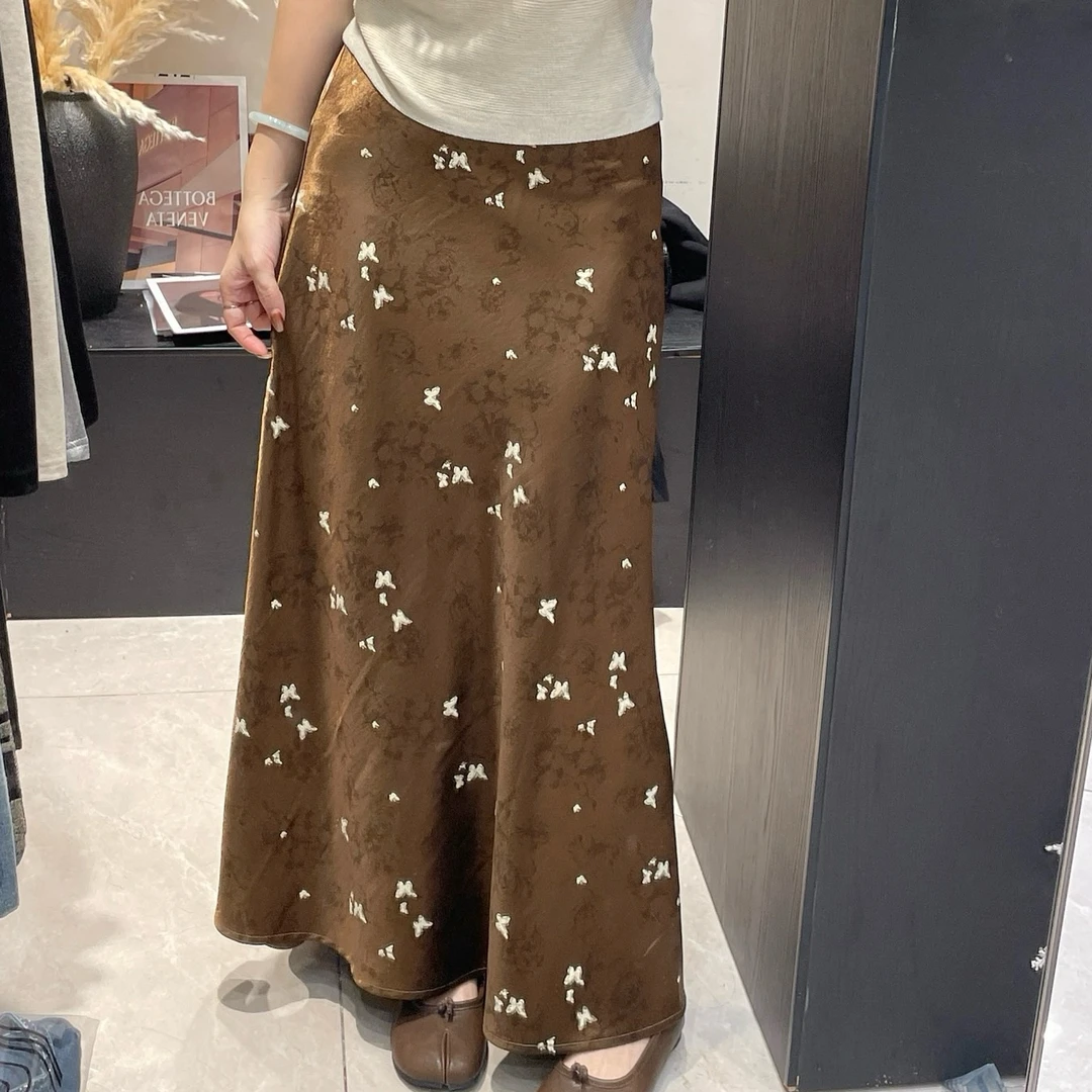 NS「花间柔光」秋季新中式设计感印花醋酸缎面高腰显瘦半身裙