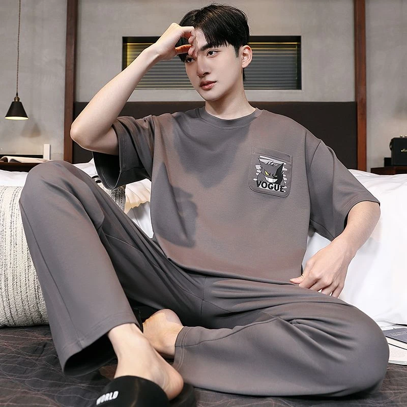 睡衣男士夏季纯棉短袖长裤薄款圆领男生夏休闲居家服套装