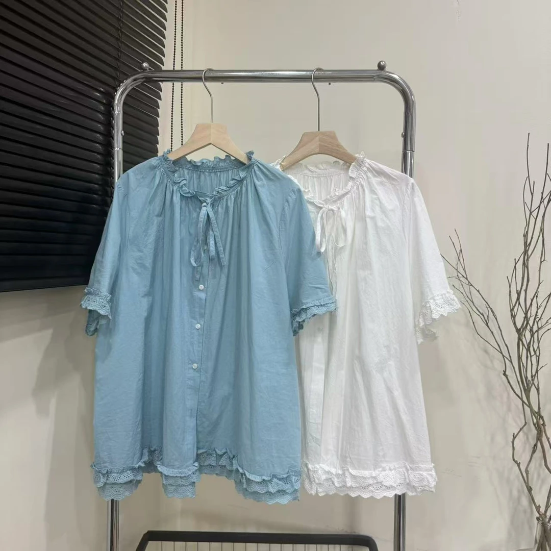 Leilei【夏日明明】夏季拼接花边文艺风宽松大版小衫#6399