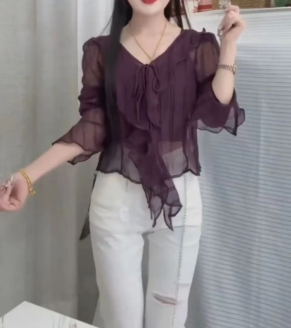 25333大爱2025夏季新款甜美荷叶边喇叭袖上衣高腰修身裤女