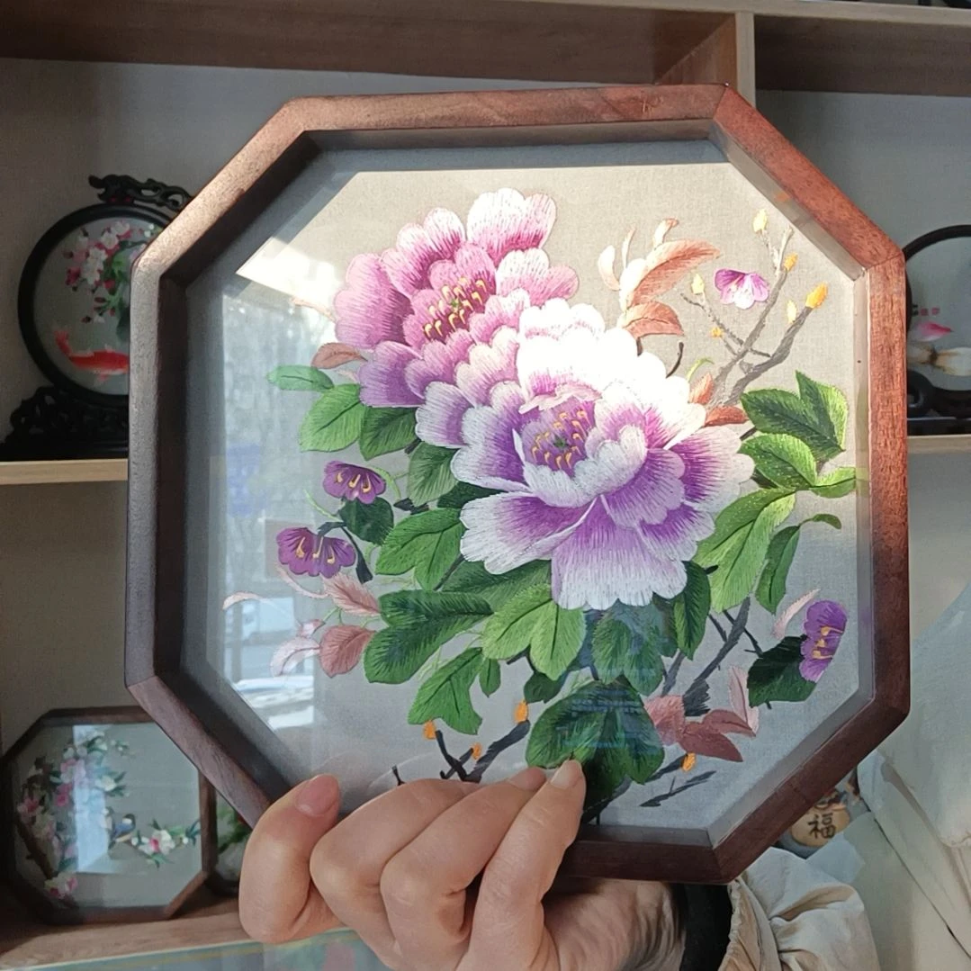 【闪购商品】刺绣胡桃木八边形双面绣紫牡丹
